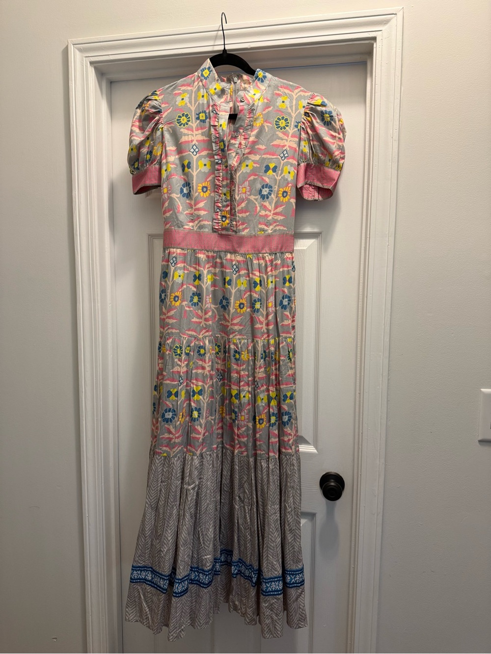 CK Bradley Annabelle Print Ruffle Neck Dress in Gray, Pink & Yellow